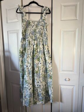 Joie Cream Maxi Dress with Blue Floral and Green Leaf Print